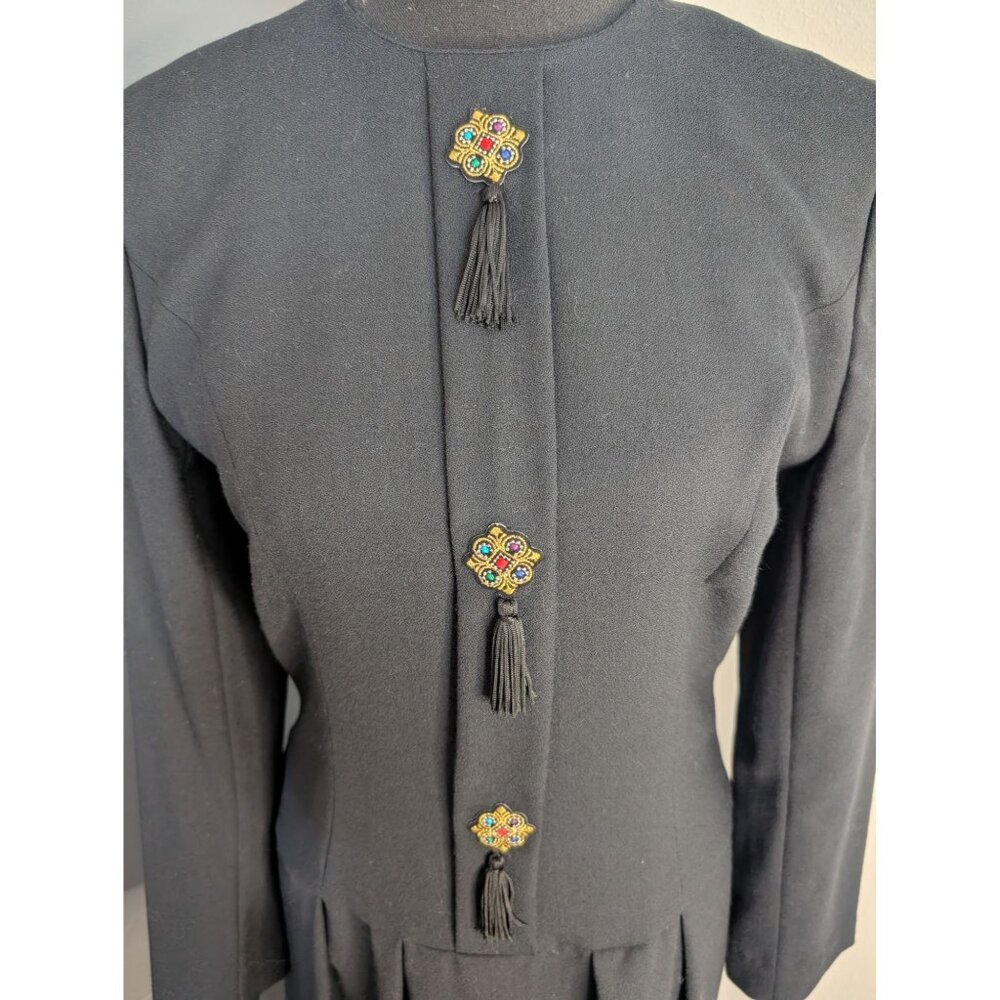 Vintage Maggy London Black Wool Dress W/ Embellished Appliques & Tassels - 4 - Picture 2 of 10